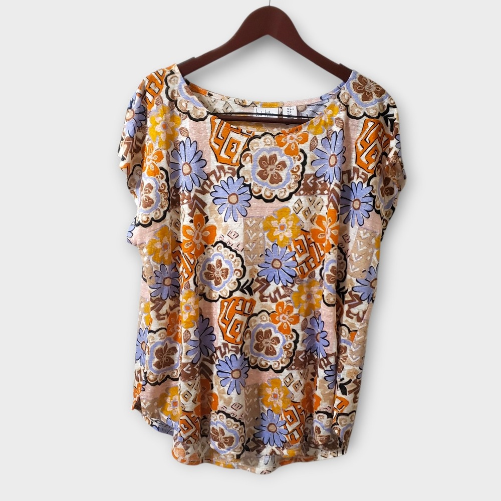 Nicole Miller 100% Linen Retro Floral Cap Sleeve Tee Multicolor XL Flower Power